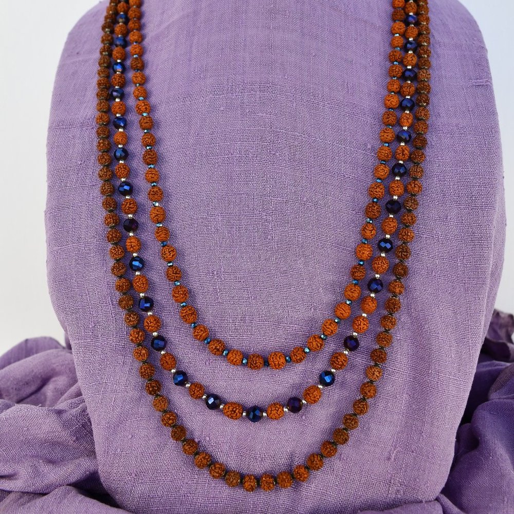 3 strands Rudraksha w/dark blue beads 37 1/4", 32", 34  3/4"